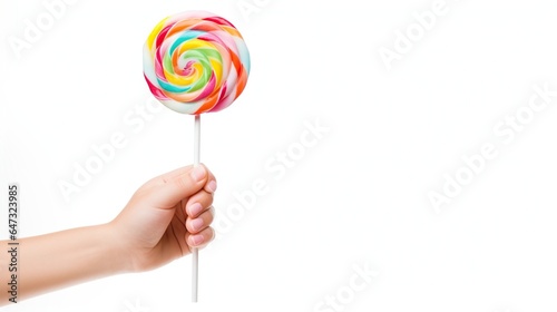 Hand holding lollipop candy isolated white background. AI generated