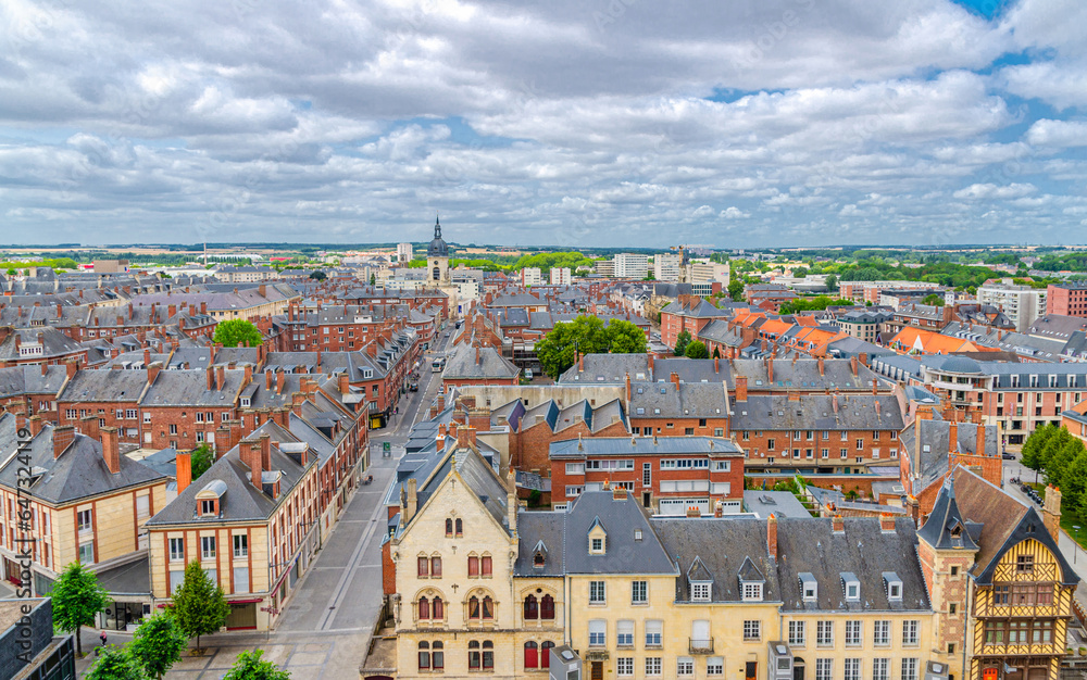 Aerial panoramic view of Amiens historical city centre with roofs of old buildings, panorama of Amiens cityscape amazing view, Somme department, Hauts-de-France Region, Northern France