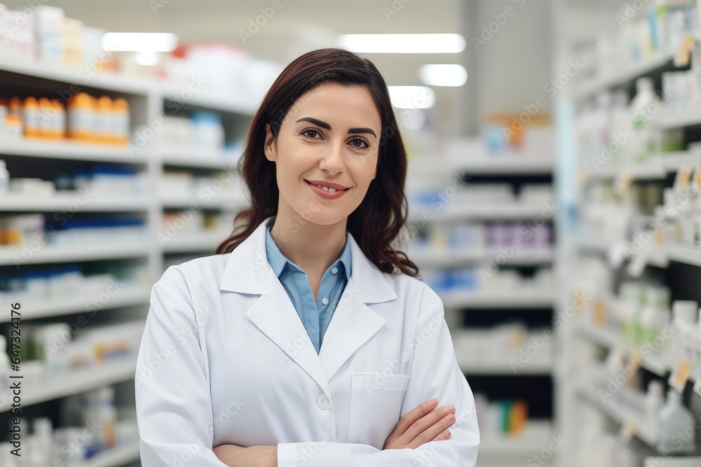 Portrait of a smiling healthcare worker in modern pharmacy Portrait of a smiling healthcare worker in modern pharmacy