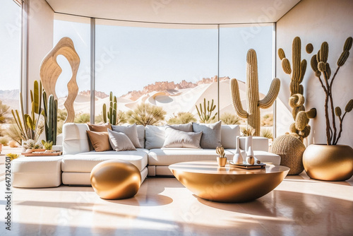 Modern, contemporary, minimalist desert oasis living room with bright natural lighting, organic wood sculptures, and cactus planters