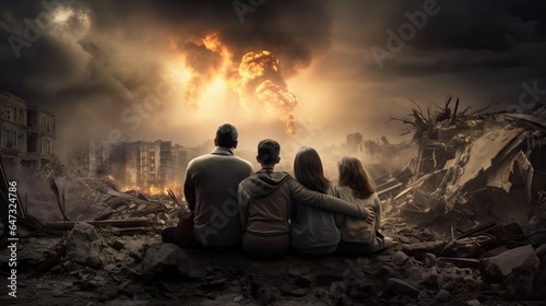 Survivors of Nuclear War Atomic Bomb - Family Huddling Together Among Total Destruction