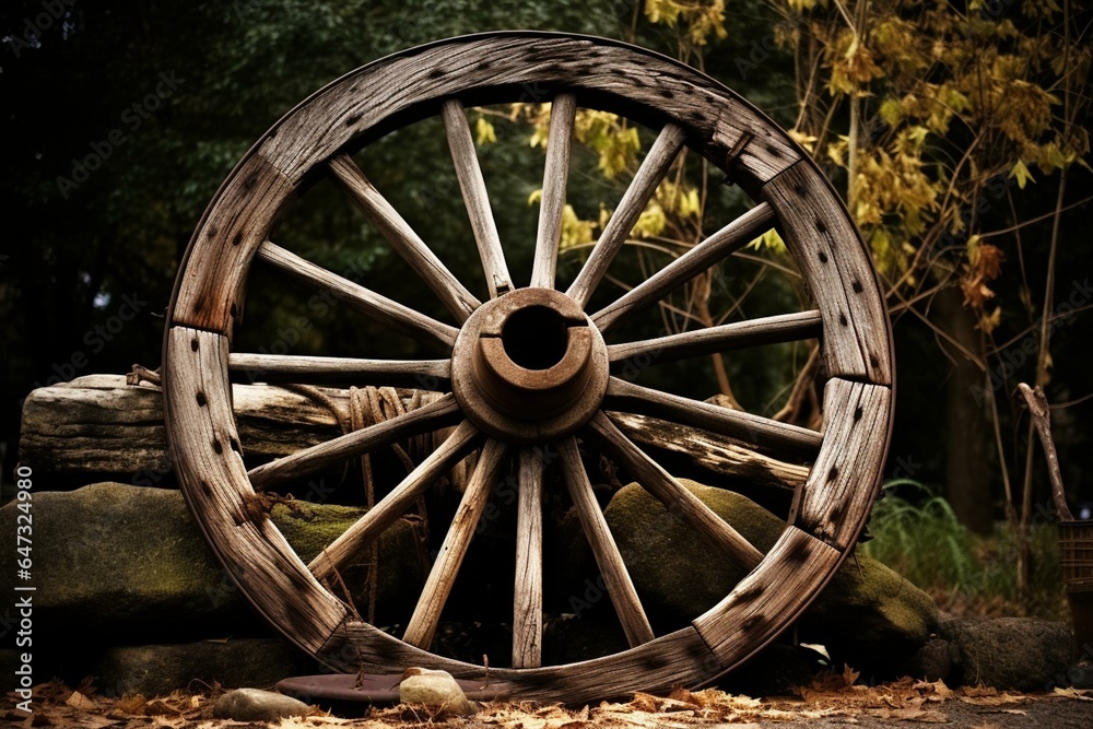 Old wagon wheel made of weathered wood. Generative AI