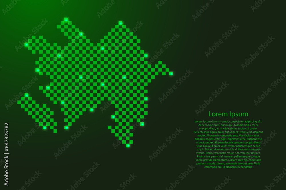 Azerbaijan map from futuristic green checkered square grid pattern and glowing stars for banner, poster, greeting card