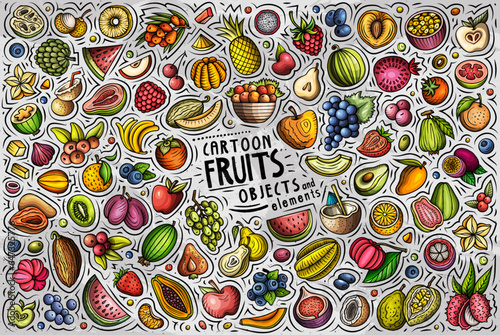 Cartoon Fresh Fruits objects and symbols doodle set