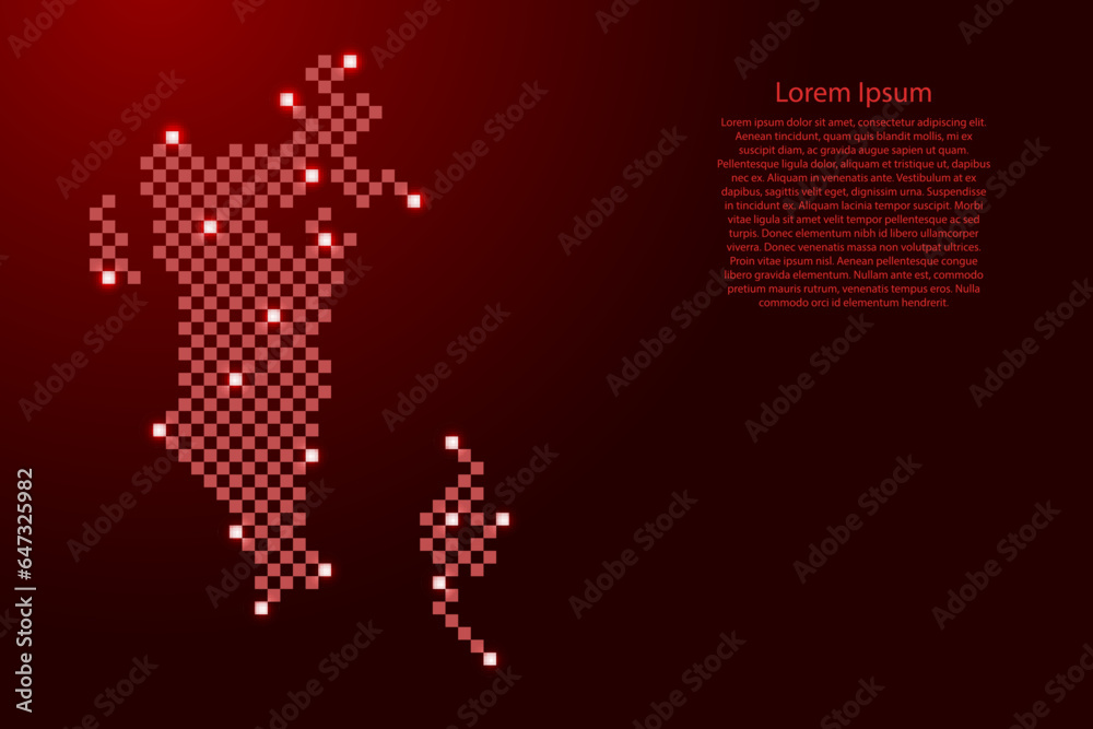 Bahrain map from futuristic red checkered square grid pattern and glowing stars for banner, poster, greeting card Bahrain map from futuristic red checkered square grid pattern and glowing stars for banner, poster, greeting card