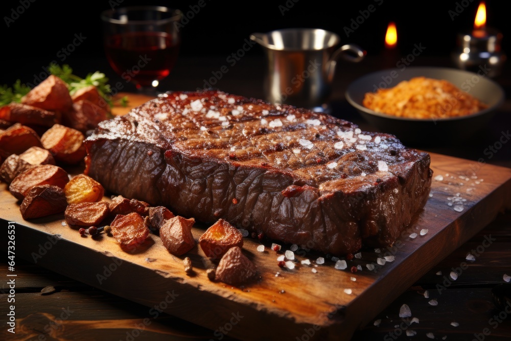 Grilled beef steak with potatoes and herbs on a wooden board