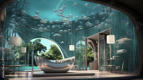 a modern, luxurious, futuristic bathroom with a vaulted ceiling. with lamps hanging from the ceiling. free-standing shower and a curved glass bathtub