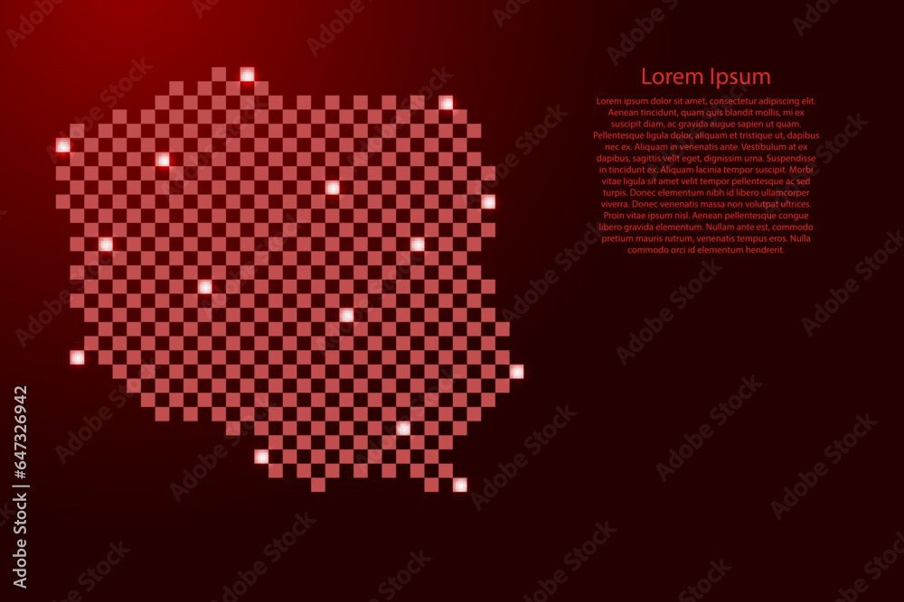 Poland map from futuristic red checkered square grid pattern and glowing stars for banner, poster, greeting card