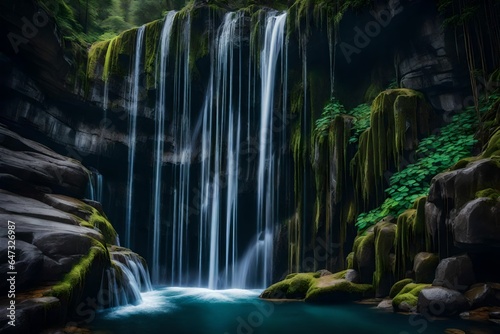 a stunning and highly detailed image of a mystical waterfall cascading down a cliffside  with the water appearing as liquid magic - AI Generative