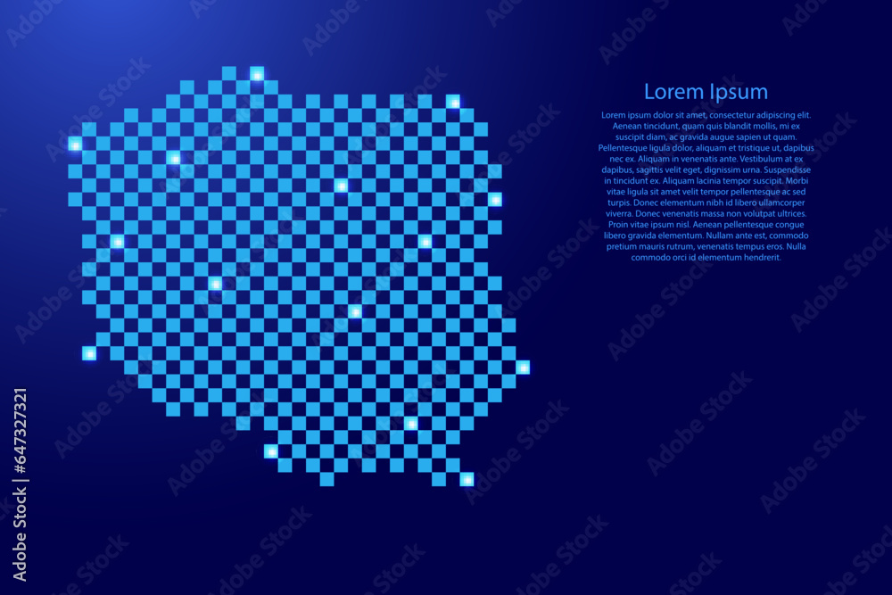 Poland map from futuristic blue checkered square grid pattern and glowing stars for banner, poster, greeting card