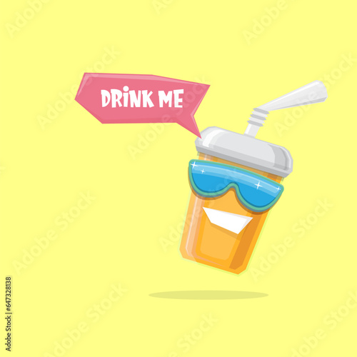 vector funny cartoon cuteorange party paper cola cup with straw and sunglasses isolated on yellow background. funky smiling summer drink character photo