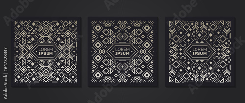 Vector set of tribal cover templates, decorative aztec borders, geometric ethnic frames. Black and white art decoration shapes set.