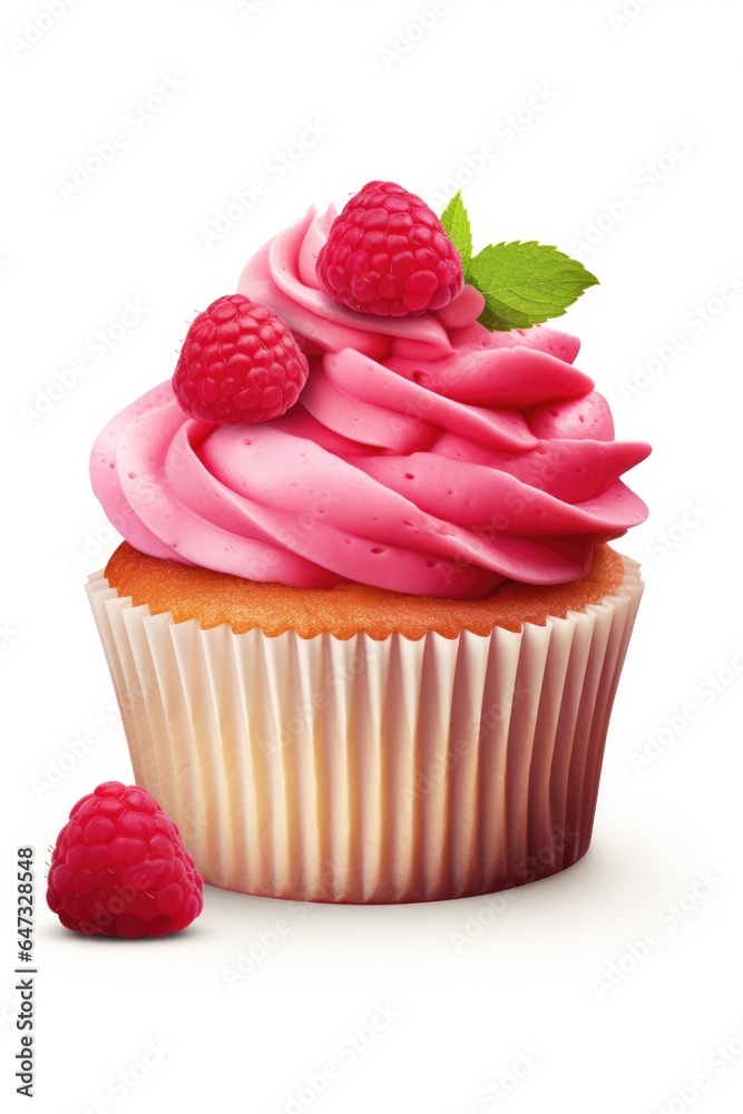 Tasty raspberry cupcake with cream on top isolated on white background Tasty raspberry cupcake with cream on top isolated on white background