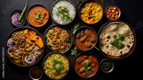 Assorted indian food on black background.. Indian cuisine. Top view.