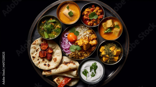 Assorted indian food on black background.. Indian cuisine. Top view.