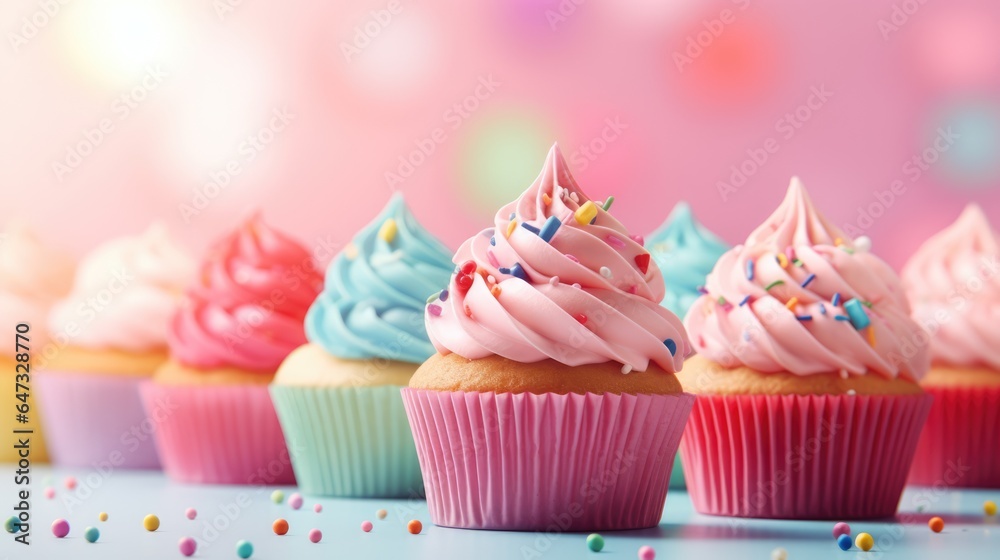 Background with delicious various cupcakes with cream on top. Bakery or homemade pastries concept Background with delicious various cupcakes with cream on top. Bakery or homemade pastries concept