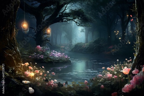 An enchanting garden with eustoma flowers and roses in a mystical woodland, bathed in moonlight. Generative AI photo