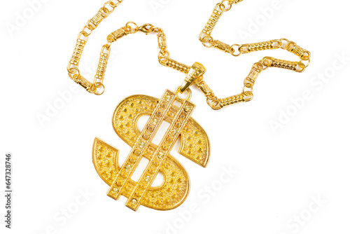 Close- up of golden dollar necklace