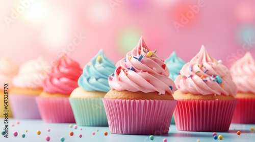 Background with delicious various cupcakes with cream on top. Bakery or homemade pastries concept