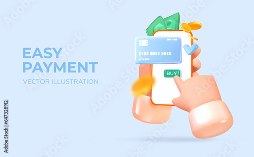 Easy payment method. Online shopping. Hands holding a mobile phone with an application. Payment through an online banking application or electronic wallet. In 3D style. Vector illustration.