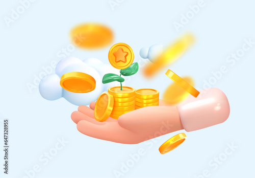 Hand holds gold coins with sprout. Maintaining and growing income or profit. In 3D style. Vector illustration