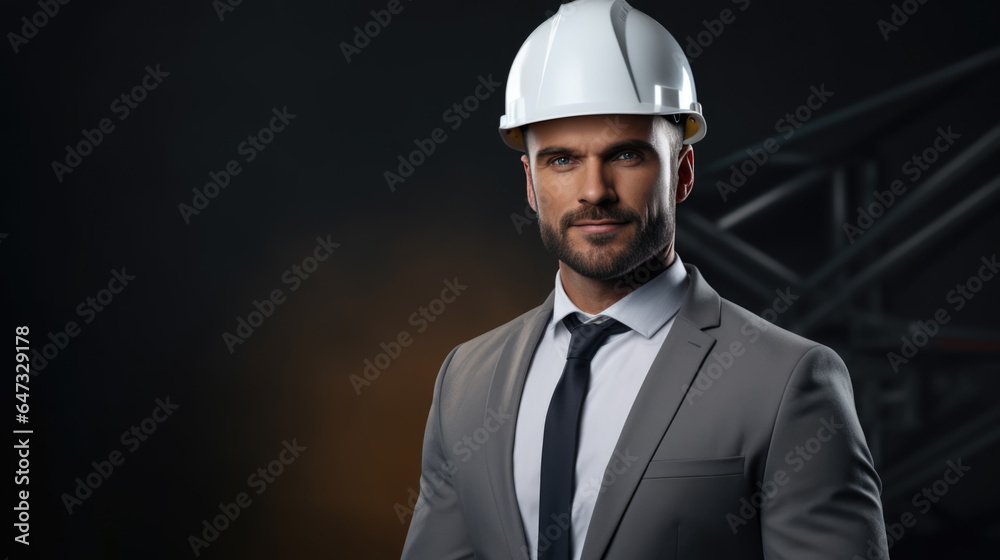 Portrait of an engineer in a helmet with blueprints for construction Portrait of an engineer in a helmet with blueprints for construction