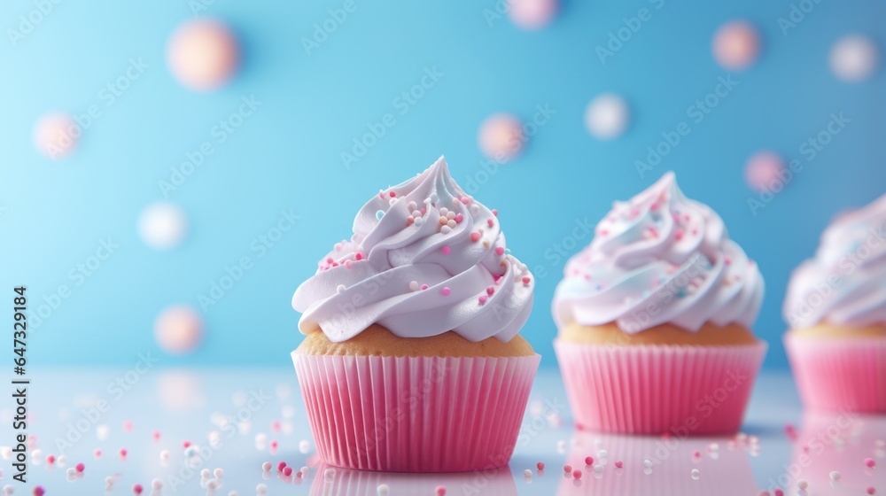 Background with delicious various cupcakes with cream on top and free place for text. Bakery or homemade pastries concept