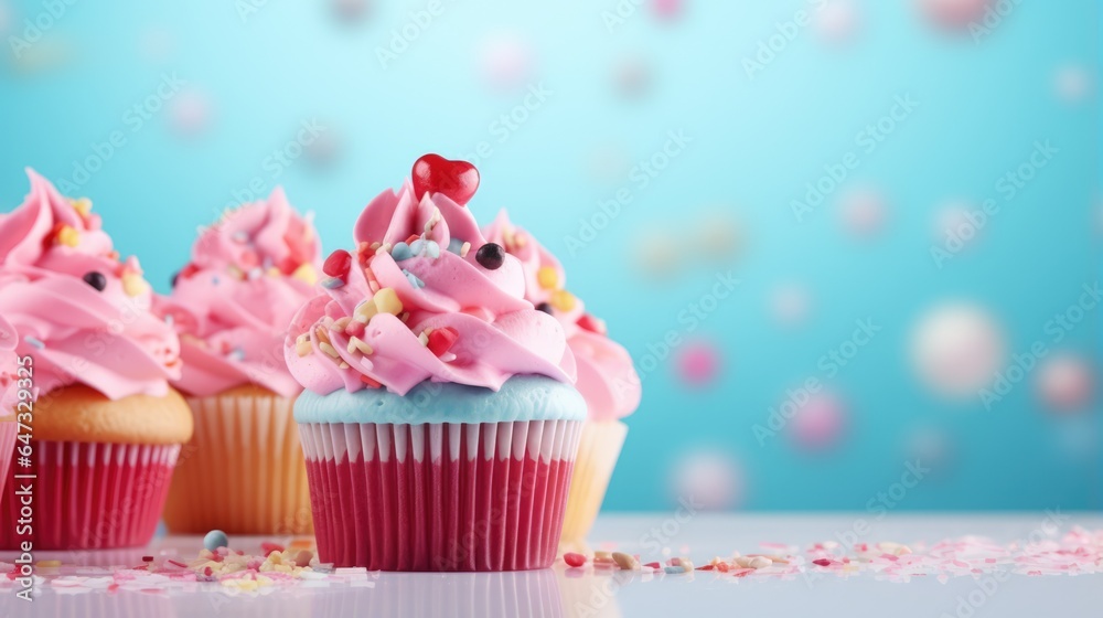 Background with delicious various cupcakes with cream on top and free place for text. Bakery or homemade pastries concept Background with delicious various cupcakes with cream on top and free place for text. Bakery or homemade pastries concept