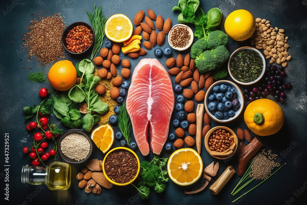 Border liver detox diet food concept, fruits, vegetables, nuts, olive oil, garlic. - obrazy, fototapety, plakaty 