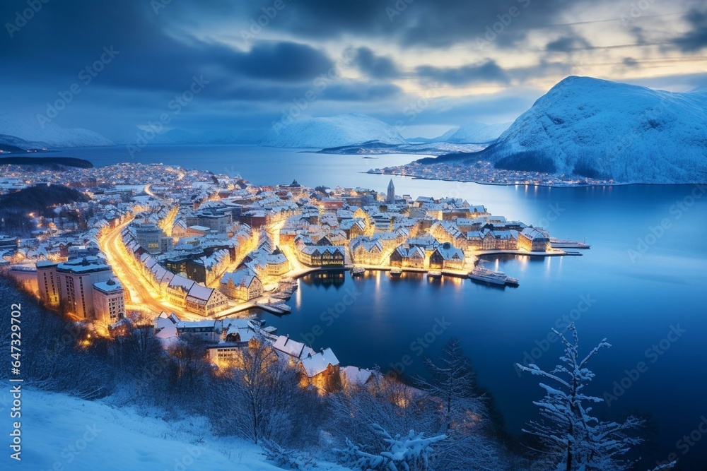 Winter evening panoramic view of Alesund covered in snow, Norway. Generative AI