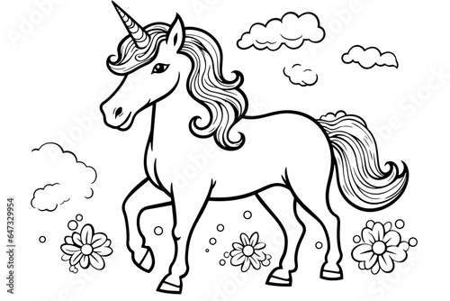 Cute cartoon unicorn isolated outline for coloring book. Vector illustration for coloring books