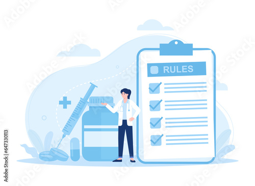 Pharmacists with prescription drugs for patients, pharmaceutical industry concept flat illustration