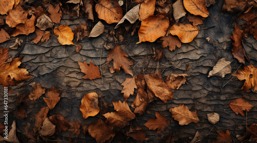 A top-view image of a park floor in autumn which reveals a carpet of dried leaves covering the ground. Between the leaves, empty spaces reveal the dry earth beneath