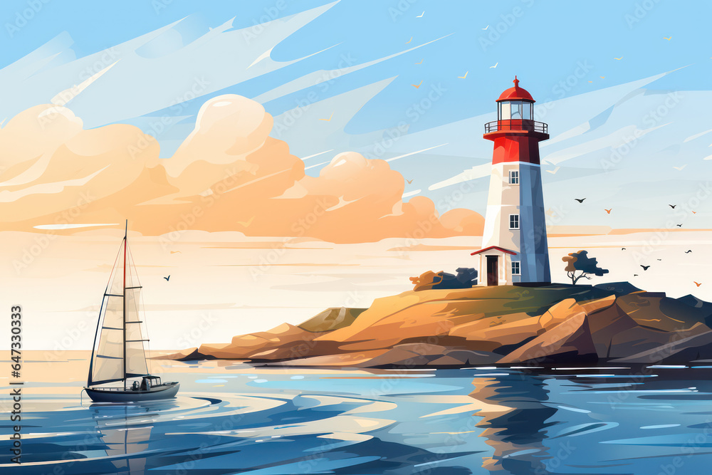 Sea coast, lighthouse on the rocky shore, illustration