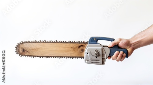 Hand holding chainsaw isolated white background. AI generated photo