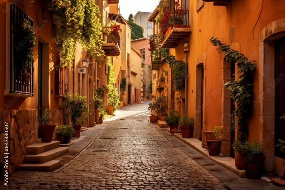Rustic European street with terracotta hues and quaint narrow lanes. Generative AI
