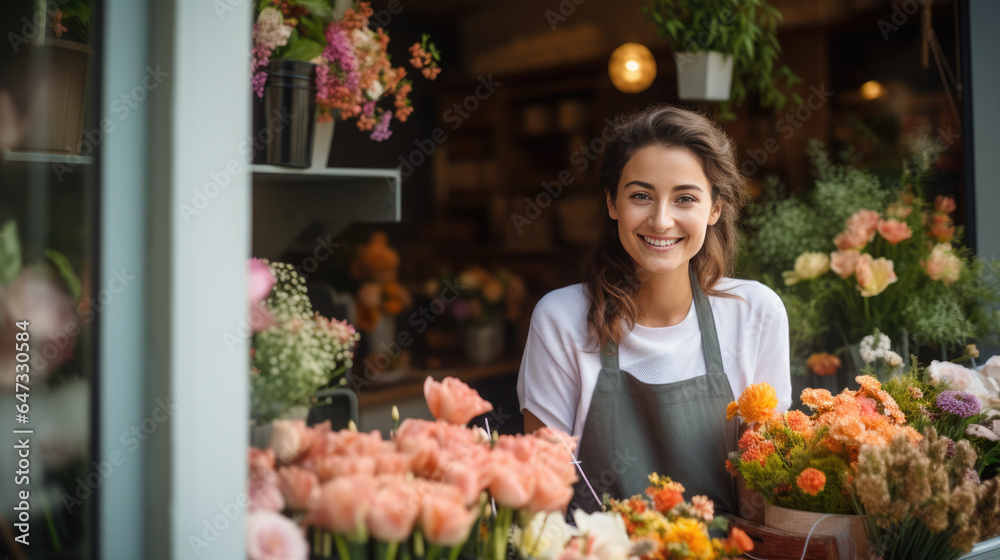Smiling woman in apron with crossed arms standing against her flower shop