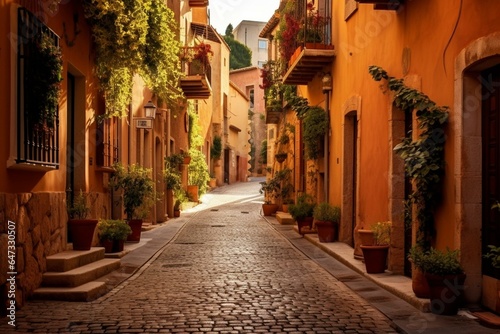 Rustic European street with terracotta hues and quaint narrow lanes. Generative AI © Endellion