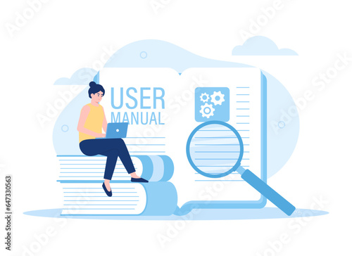 Tiny woman with guide instructions or handbooks, searching on user manual concept flat illustration