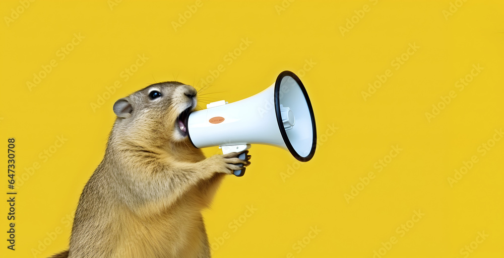 Fototapeta premium Woodchuck announcing using hand speaker. Notifying, warning, announcer