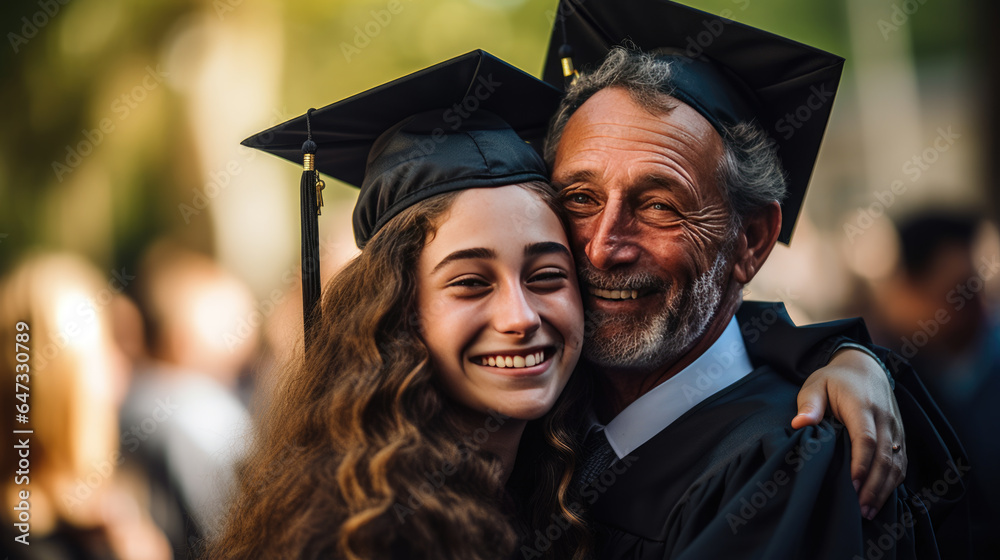 Fototapeta premium Happy smiling graduate hugs his parent after the graduation ceremony.
