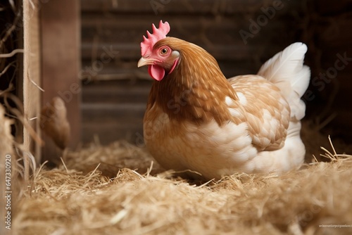 A hen incubates eggs in hay within a chicken coop. Generative AI