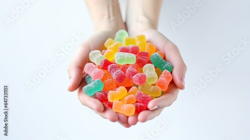 Hand holding candy isolated white background. AI generated