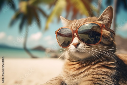cat with sunglasses relax on tropical beach