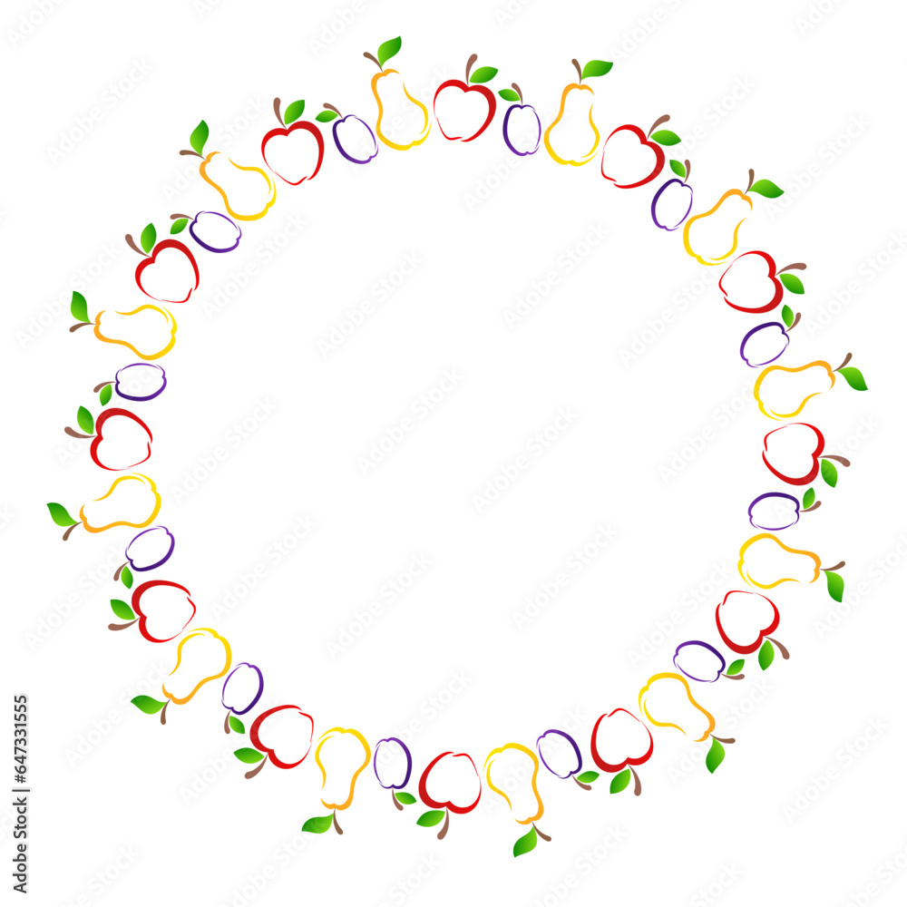 apple, pear and plum art drawn line fruit round frame apple, pear and plum art drawn line fruit round frame