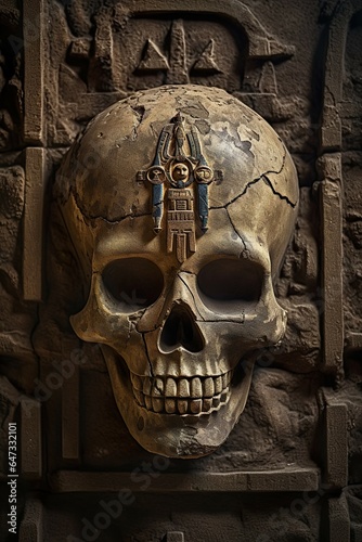 A skull on an ancient stone wall with mysterious symbols - e.g. for a book cover