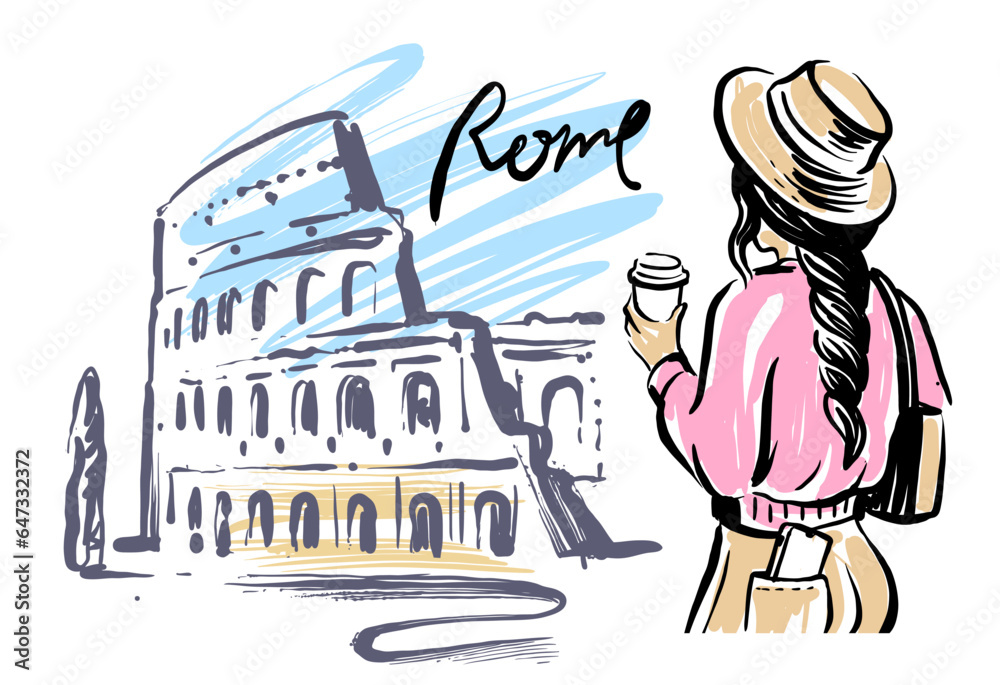 woman in Rome vector. Coliseum in Italy.