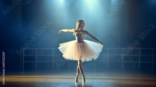 photograph of a Graceful ballerina performing an elegant dance on stage.