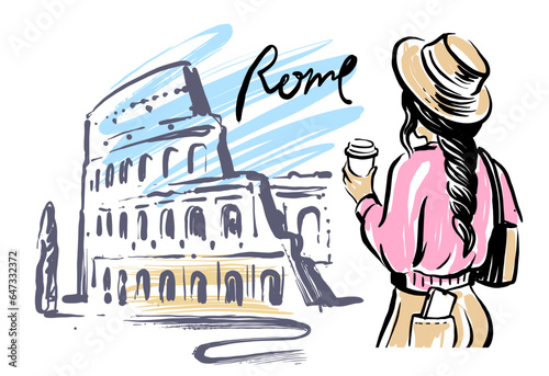 woman in Rome vector. Coliseum in Italy.