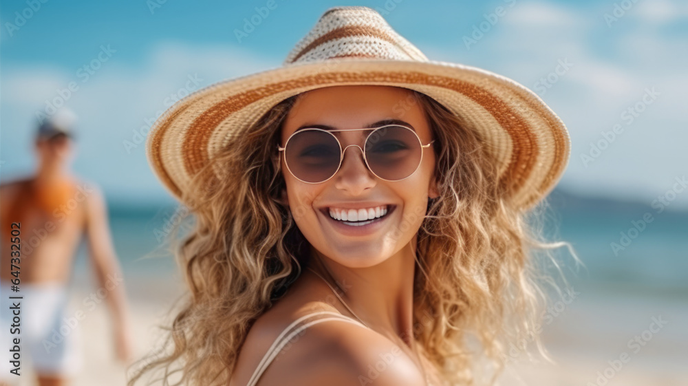 photograph of a smiling beautiful young woman vacationing on the sea , summer vacation